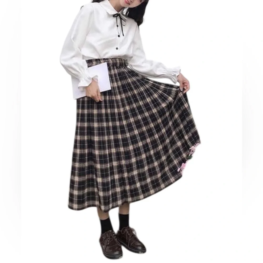 Korean Retro Women's High Waisted Pleated A-line Long Skirt - Picture 1 of 13